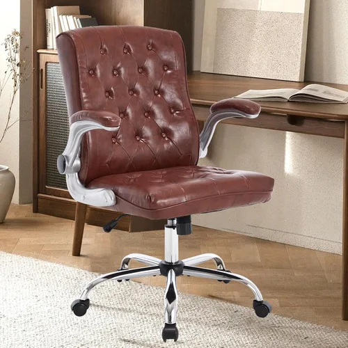 Vista 10 de Silla de oficina moderna de cuero, silla de escritorio ejecutiva ergonómica de respaldo medio con brazo abatible, silla de trabajo giratoria