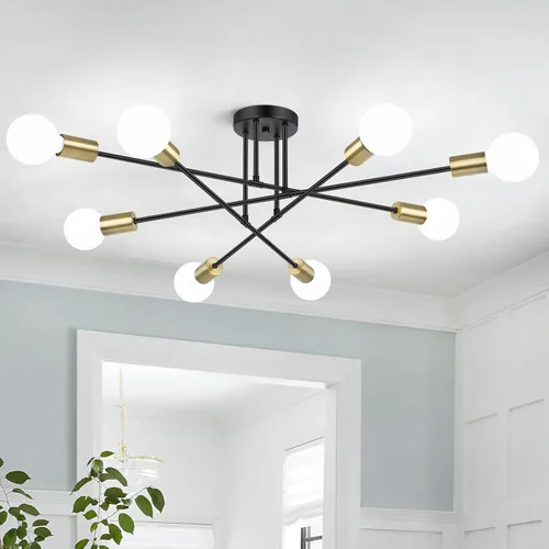 Vista 19 de Lámpara Moderna de Techo Sputnik de 6 Luces, Lámpara Industrial de Techo de 22" de Oro con Montaje Semiempotrado, Lámpara de Techo con Base E26
