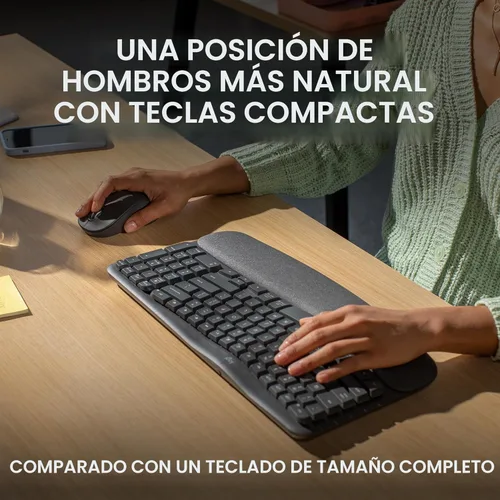 Vista 2 de Logitech Wave Keys MK670 Combo, teclado ergonómico inalámbrico con mouse inalámbrico Signature M550 L, escritura natural cómoda, Bluetooth, Logi