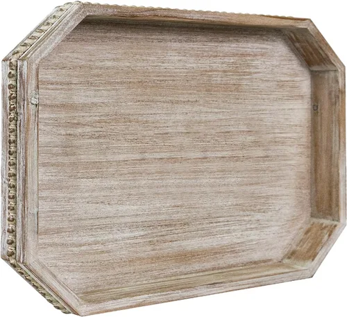 Vista 10 de MAONAME Bandeja de Madera para Servir, Bandeja de Madera Estilo Granja con Cuentas, Bandeja Octogonal para Servir Blanca Lavada, Bandeja de Mesa