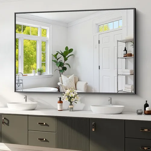 Vista 17 de Koonmi Espejo de baño con marco negro, vidrio templado inastillable de 30 x 20 pulgadas, HD, sin distorsión, montaje horizontal/vertical, marco