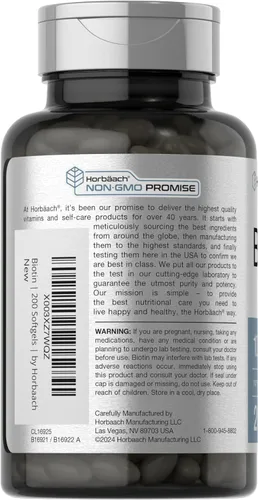 Vista 3 de Horbaach Biotin 10000 mcg 200 cápsulas blandas con vitamina B7 Suplemento de fórmula de belleza Sin OMG y sin gluten