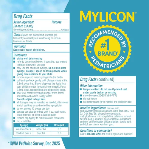 Vista 6 de Gotas para Alivio de Gas Mylicon para Bebés y Lactantes, Fórmula Original, 14.8 mililitros