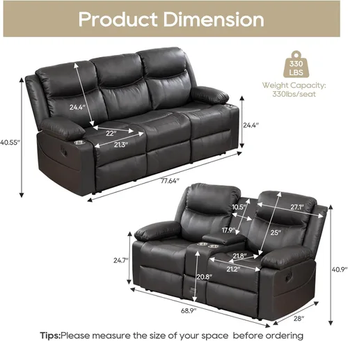 Vista 2 de Juego de Sofá Reclinable PALLOME - Juego de Sofá Reclinable, Juego de Muebles Reclinables de 2 Piezas, Sofá Reclinable de 3 Plazas y Sillón