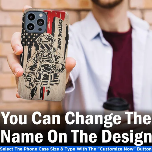 Vista 30 de Funda de teléfono personalizada con bandera estadounidense de madera, diseño de bombero de línea roja, diseño de bombero, regalo personalizado