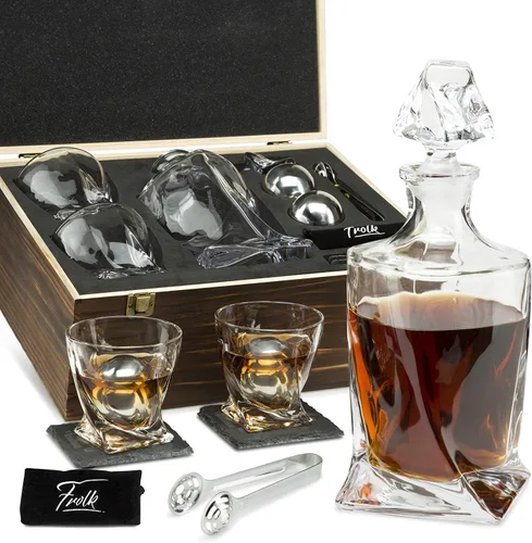 Juego de decantador de whisky para hombre, decantador de bourbon trenzado, 2 vasos, 2 piedras de whisky de acero inoxidable XL, bolas, 2 posavasos