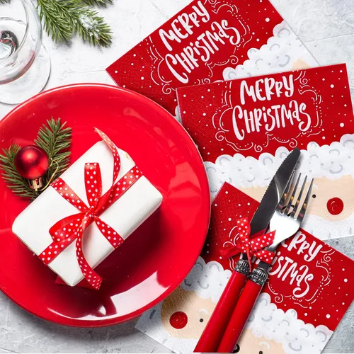 Vista 5 de Whaline Paquete de 100 servilletas de papel con diseño de Papá Noel, servilletas desechables rojas y blancas para el almuerzo, servilletas