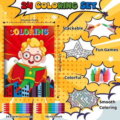Vista 2 de BenLouis 24 mini libros para colorear de héroe para niños con 24 crayones apilables, recuerdos de fiesta de héroes, libros de actividades a granel
