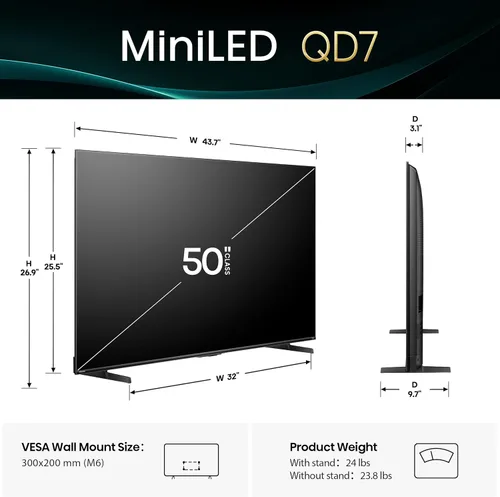 Vista 3 de Hisense 50" Clase QD7 Serie Mini-LED 4K UHD Smart Fire TV (50QD7QF, Modelo 2025) - QLED, HDR10+, Dolby Vision, Dolby Atmos, Modo de Juego Plus