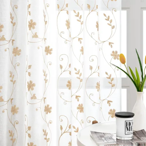Vista 61 de HOMEIDEAS Cortinas traslúcidas amarillas de 84 pulgadas de largo, 2 paneles de cortinas bordadas con patrón floral amarillo y blanco, cortinas