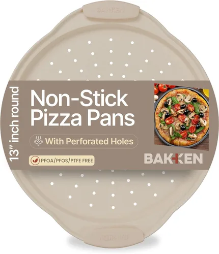 Vista 10 de Bandeja para pizza – 2 redondas con asas de silicona – Sartén de pizza de acero al carbono con agujeros y revestimiento antiadherente – Libre