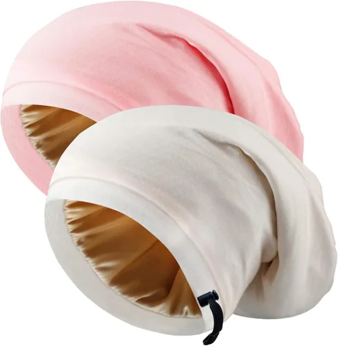 Vista 10 de 2 gorros de seda ajustables para dormir, gorro de dormir con forro de satén para mujeres y hombres, gorro de seda para el cabello holgado.