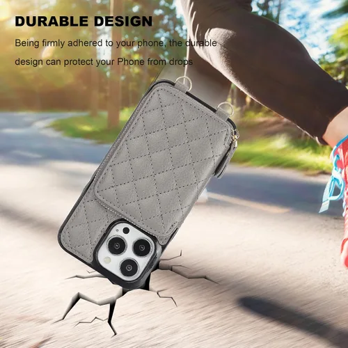 Vista 8 de Bocasal Funda tipo cartera cruzada para iPhone 13 Pro, bloqueo RFID, de piel sintética, con cremallera, funda tipo cartera con función atril