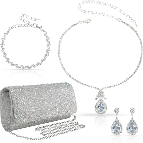 Juego de 4 piezas de plata para mujer, bolso de mano brillante con diamantes de imitación, bolso de mano para regalo de fiesta de boda, plateado