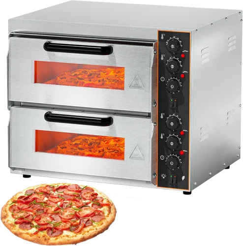 Shikha Horno de pizza comercial de 16 pulgadas, máquina eléctrica de doble capa para hacer pizza con piedra, temporizador de acero inoxidable para