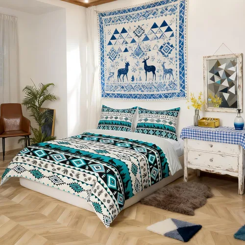 Vista 2 de Manfei Juego de ropa de cama geométrica azteca para niñas, tamaño individual, juego de funda de edredón étnica tribal del suroeste, funda de edredón