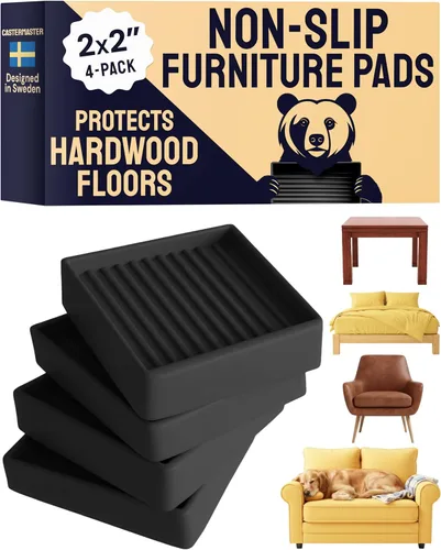 CasterMaster Almohadillas antideslizantes para muebles y tazas giratorias, 2 x 2 pulgadas, color negro (paquete de 4), protectores de suelo para