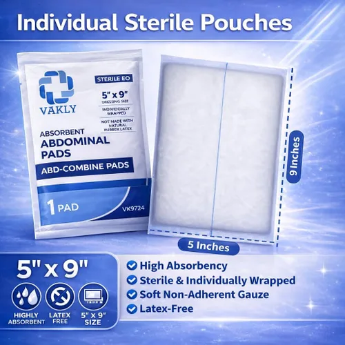Vista 2 de Vakly ABD Combine - Almohadillas abdominales de 5 x 9 pulgadas [paquete de 20] de alta absorción, estériles envueltas individualmente de 5''x9