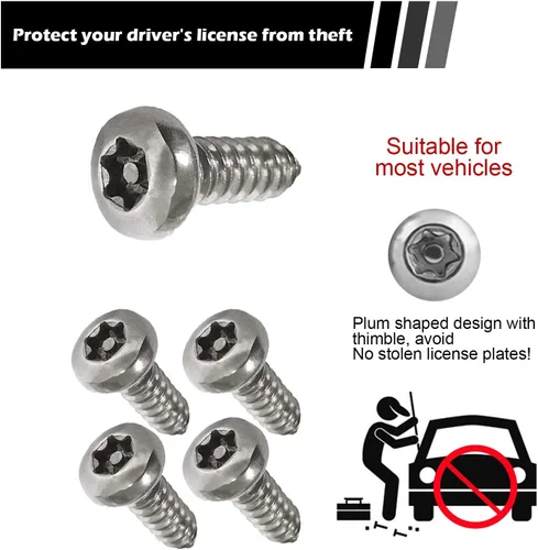 Vista 5 de Juego de 4 tornillos antirrobo para placa de matrícula, pernos SS inoxidables, cabeza Torx universal, de seguridad, resistente a manipulaciones