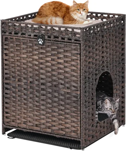 Caja de arena para gatos con alfombrilla de arena suave; muebles ocultos de baño para gatos con puerta; casa de gato de ratán tejida a mano; jaula