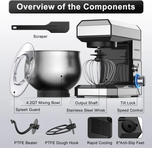 Vista 2 de BAIGELONG Batidora de pie de 6+P, mezclador de alimentos pequeño de 4.2 cuartos de galón con cuenco de acero inoxidable, gancho para masa, batidor
