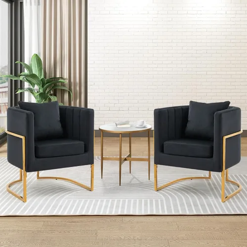 Vista 13 de Silla moderna de cuero, sillón tapizado de mediados de siglo con almohada para sala de estar, cómoda silla de tocador individual con patas doradas