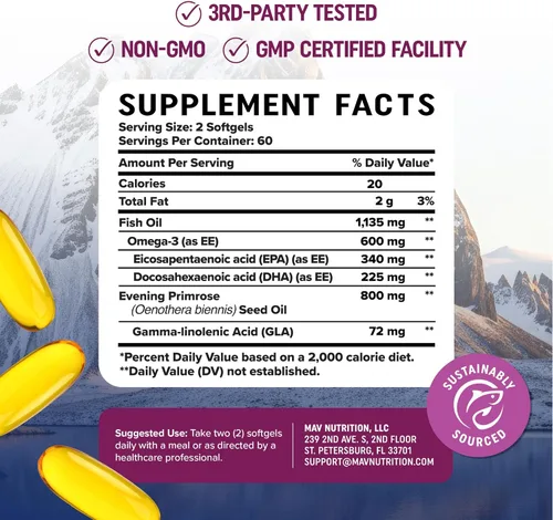 Vista 6 de Suplemento de Omega 3 para Mujeres Aceite de Pescado con Onagra Equilibrio Hormonal, Apoyo para la Piel y el Bienestar 600MG Omega3 + 800MG