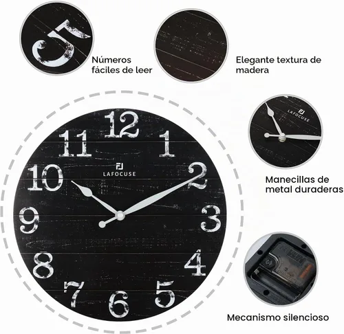 Vista 6 de Lafocuse Relojes de pared negros silenciosos de 12 pulgadas para decoración de cocina, sala de estar, reloj de pared rústico de madera, funciona