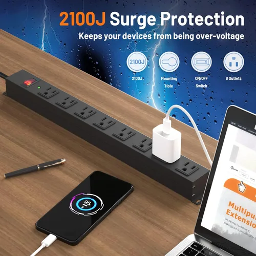 Vista 2 de Regleta de alimentación de 8 tomas con protector contra sobretensiones, regleta de alimentación de metal resistente de 6 pies con interruptor