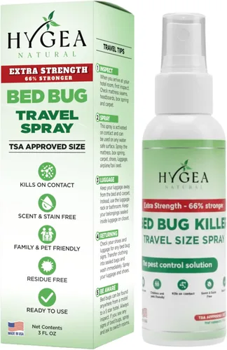 Hygea Natural Spray de viaje natural extra fuerte para chinches y ácaros, tamaño aprobado por la TSA, apto para niños y mascotas, sin manchas y