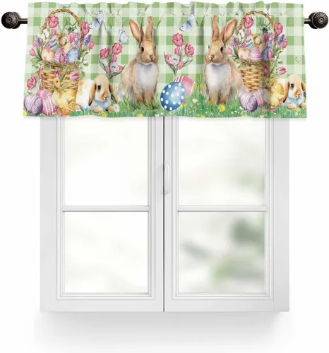 Vista 28 de Cenefa de cortina verde azulado turquesa para ventanas, sala de estar, cocina, baño, granja, tablero de madera rústica, verde y marrón, con bolsillo