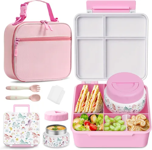 Vista 10 de Lonchera Bento para niños con contenedor térmico de alimentos (9 onzas), lonchera de 4 compartimentos, divisor ajustable, lonchera Bento a prueba