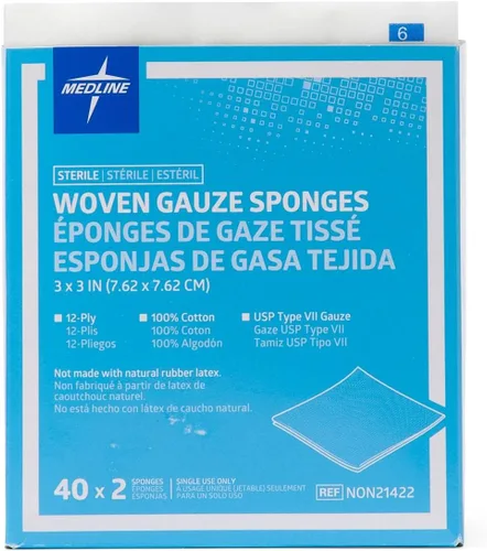 Vista 6 de Medline Esponjas de gasa tejida 100% algodón estéril, 3 x 3 pulgadas, 12 capas, ideales para vendaje de heridas y limpieza general, 2 paquetes