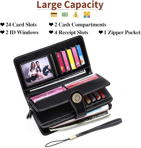 Vista 3 de SENDEFN - Billeteras de cuero genuino para mujer con tarjetero y bloqueo RFID, de gran capacidad y con correa para la muñeca