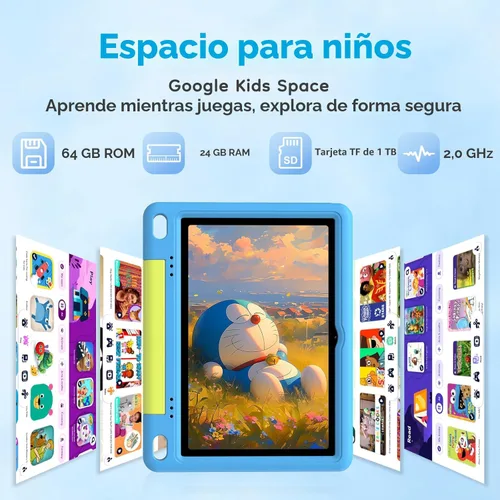 Vista 3 de Tablet para niños de 10 pulgadas, tableta Android para niños, 24 GB de RAM 64 GB de ROM, 1 TB expandible, con funda EVA, control parental, batería