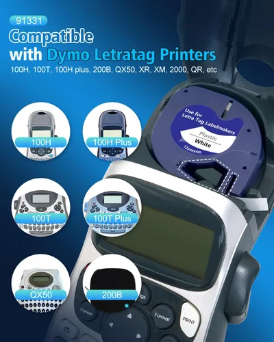 Vista 2 de 5 cintas de plástico 91331 de repuesto para Dymo Letratag de repuesto de 0.472 in x 13.1 ft (1/2 x 13) para DYMO LetraTag 200B LT-100H LT-100T Plus