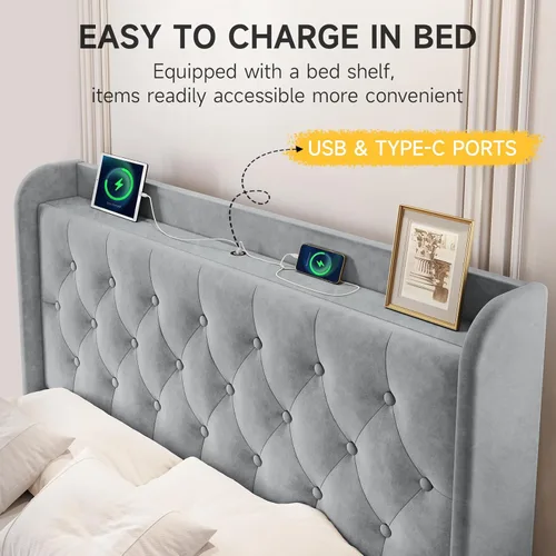 Vista 3 de koorlian Base de cama Queen con cabecero, marco de cama tapizado de terciopelo ajustable con puertos tipo C y USB, cabecera de almacenamiento