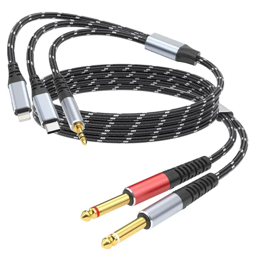 Cable divisor en Y estéreo de Lightning a dual de 6,35 mm 1/4" TS mono, cable de audio 3 en 1 a dual de 1/4 pulgada, compatible con amplificadores