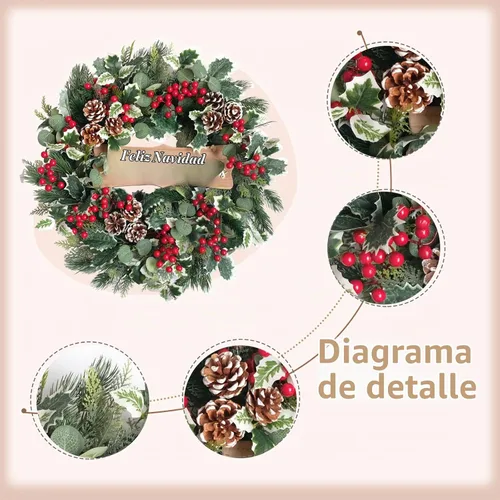 Vista 2 de idyllic Corona de Navidad-22 Coronas de Decoración de Navidad para Puerta Delantera Corona de Invierno Primavera con Agujas de Pino Eucalipto Hojas