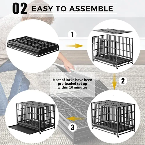 Vista 4 de Jaula para perros resistente de 48 pulgadas, jaula indestructible para perros con alta ansiedad, diseño de cerraduras resistentes y a prueba