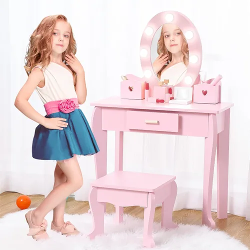 Vista 5 de Garvee Juego de tocador para niños, juego de mesa y silla para niñas con espejo iluminado, taburete y juego de maquillaje de madera, rosa