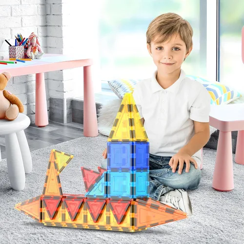 Vista 2 de PicassoTiles - juego de 60 piezas de bloques de construcción magnéticos y transparentes 3D, creatividad más allá de la imaginación, inspiradores