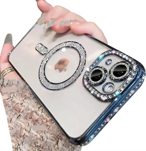 Vista 10 de Funda magnética con purpurina para iPhone 11 [compatible con MagSafe] protector de lente de cámara con diamantes de imitación brillantes, Negro