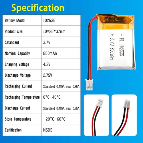 Vista 4 de 102535 3.7V Lipo Batería 850mAh 102535 Batería recargable de polímero de litio con conector JST PH2.0.000 in para dispositivo electrónico