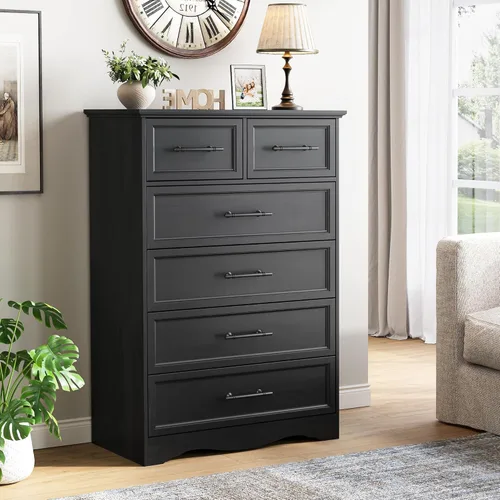 Vista 2 de Cómoda de Granja Negra para Dormitorio, Moderna Cómoda de 6 Cajones, Cómoda Alta de 44" con Manijas de Metal Cepillado, Organizadores de Armario