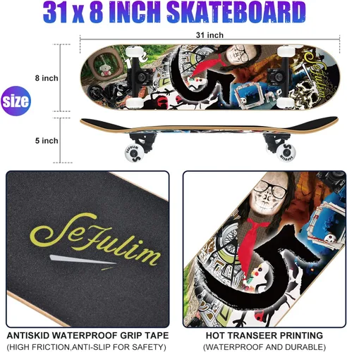Vista 3 de Sefulim 31 x 8 Inch Complete Skateboard 7 Layer Canadian Maple Double Kick Deck Concave Cruiser Trick Skateboard for Boys Girls Teens Adults Beginner
