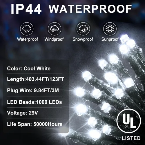 Vista 3 de KNONEW 403FT 1000 LED Christmas Lights Outdoor String Lights 8 Modes & Timer Fairy Light Plug in Waterproof LED String Lights for Xmas Yard Tree