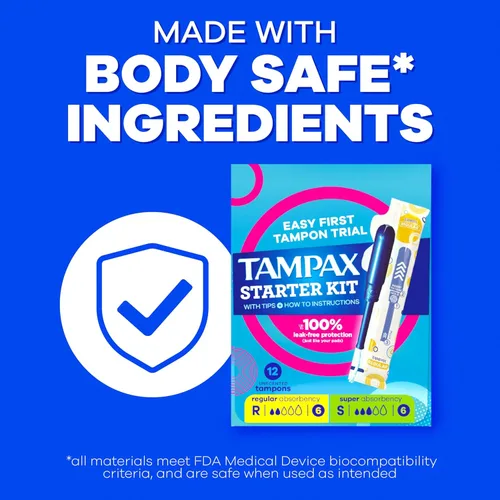 Vista 3 de Tampax Kit de iniciación multipaquete, con trenza LeakGuard, absorción regular/super, prueba fácil de primer tampón, sin perfume, 12