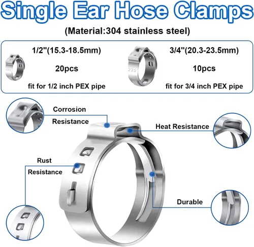 Vista 4 de Tnisesm Pex - Juego de herramientas de pinza de prensado con 20 abrazaderas PEX de 1/2 pulgada y 10 abrazaderas PEX de 3/4 pulgadas y cortador