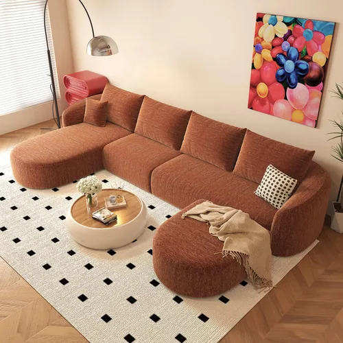 Vista 9 de Settab 111" Sofá seccional modular de 111" con otomano, sofá en forma de U con respaldo curvo moderno de lujo, conjunto de sofás minimalistas